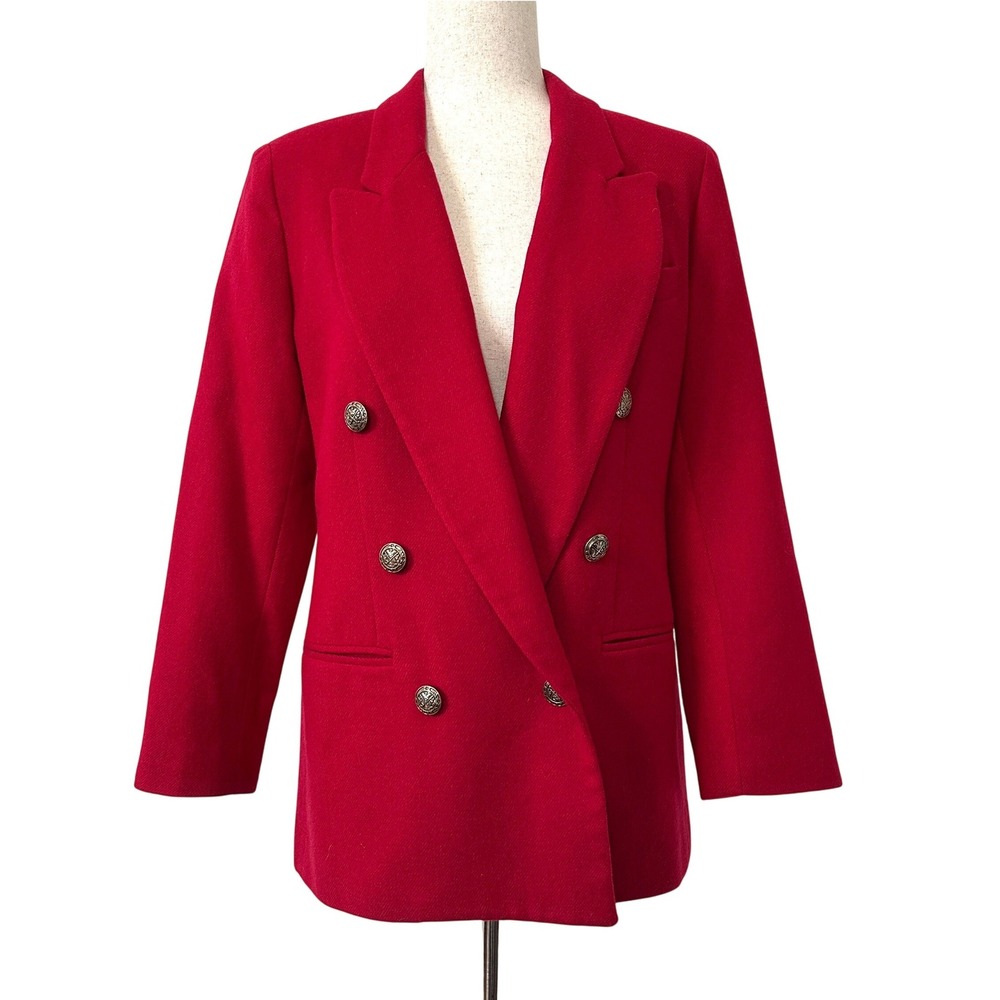VTG 90s Stephanie Andrews Red Wool Double Breasted Blazer Crest Buttons 10P